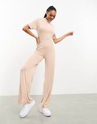 high neck open back jumpsuit in sand-Brown