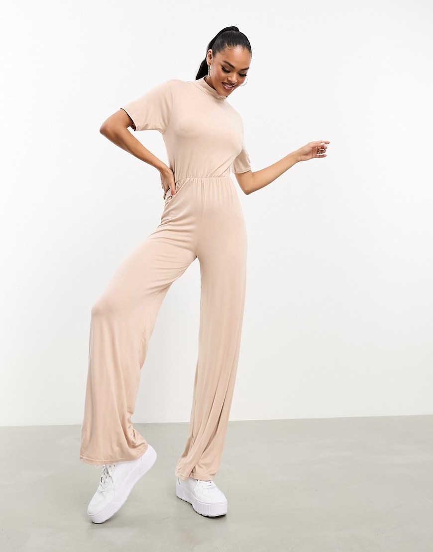 high neck open back jumpsuit in sand-Brown