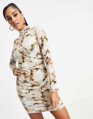 beige marble print bodycon dress