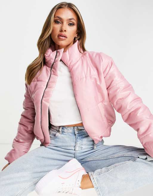 I Saw it First high shine padded puffer jacket in pink | ASOS