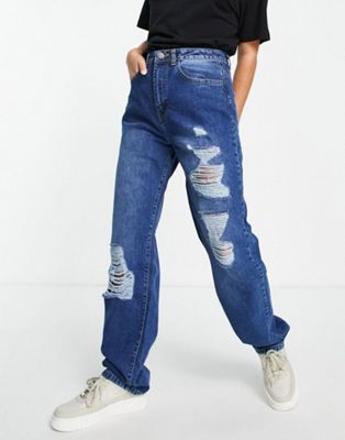 I Saw It First high waist distressed baggy jean in washed blue - ASOS Price Checker