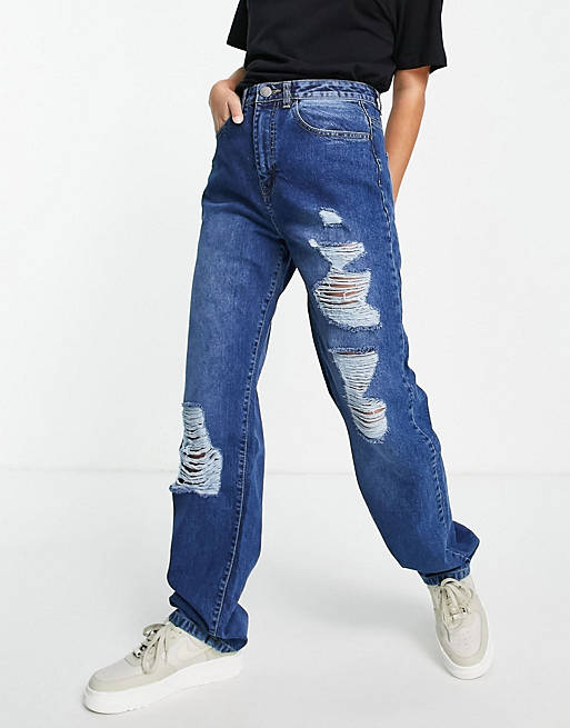 I Saw It First high waist distressed baggy jean in washed blue