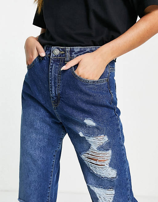 Women I Saw It First high waist distressed baggy jean in washed blue 