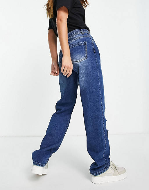 Women I Saw It First high waist distressed baggy jean in washed blue 