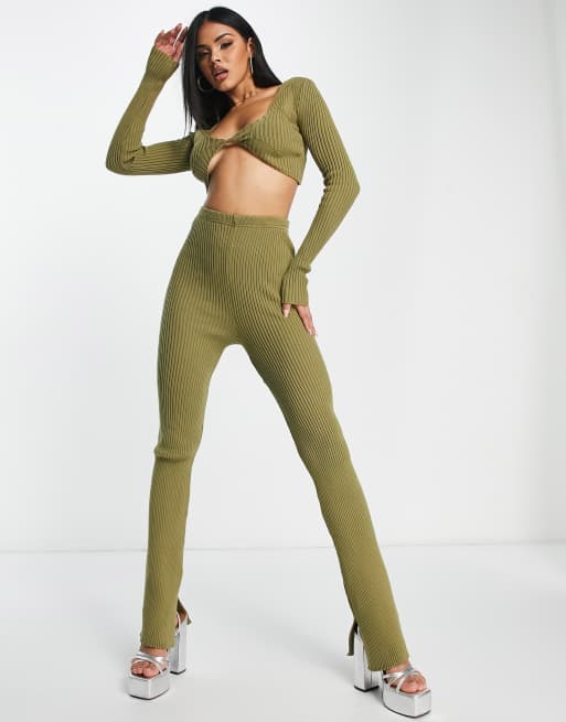 I Saw It First high waist knitted flares co-ord in olive