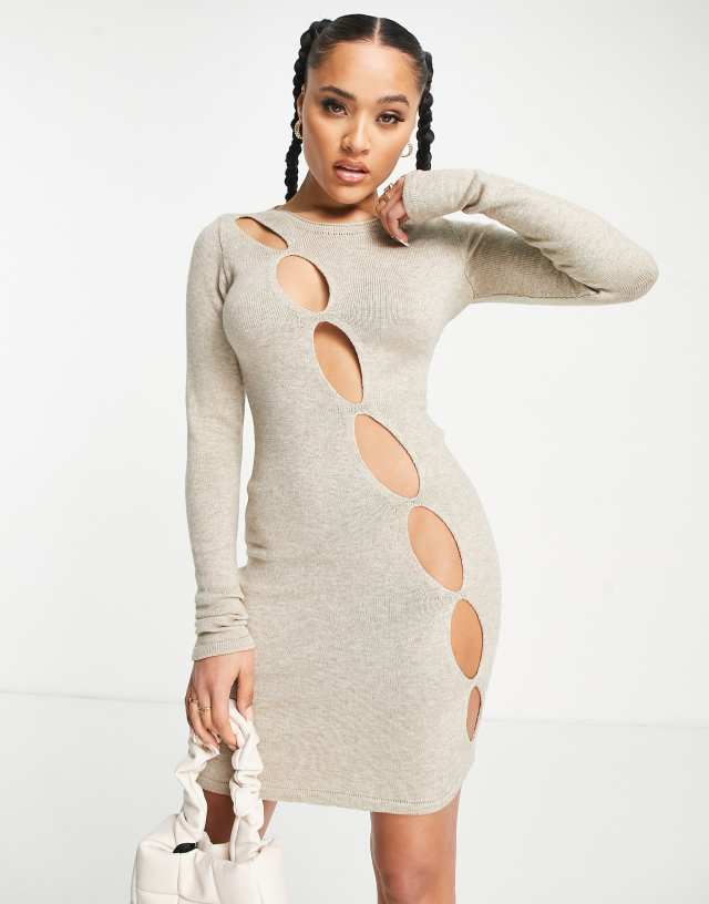 I Saw It First knit asymmetric cut-out mini dress in stone