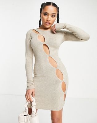 I Saw It First knitted asymmetric cut out mini dress in stone