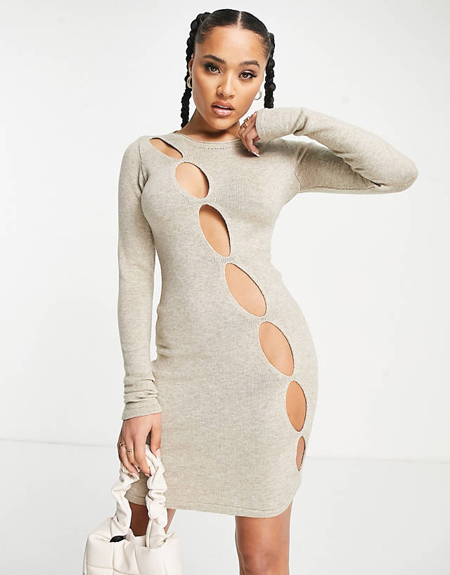 I Saw It First - knitted asymmetric cut out mini dress in stone