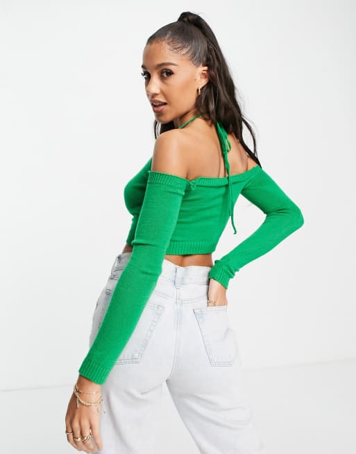 Green cold shop shoulder sweater