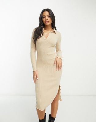 I Saw It First knitted collar detail midi dress in oatmeal-Neutral