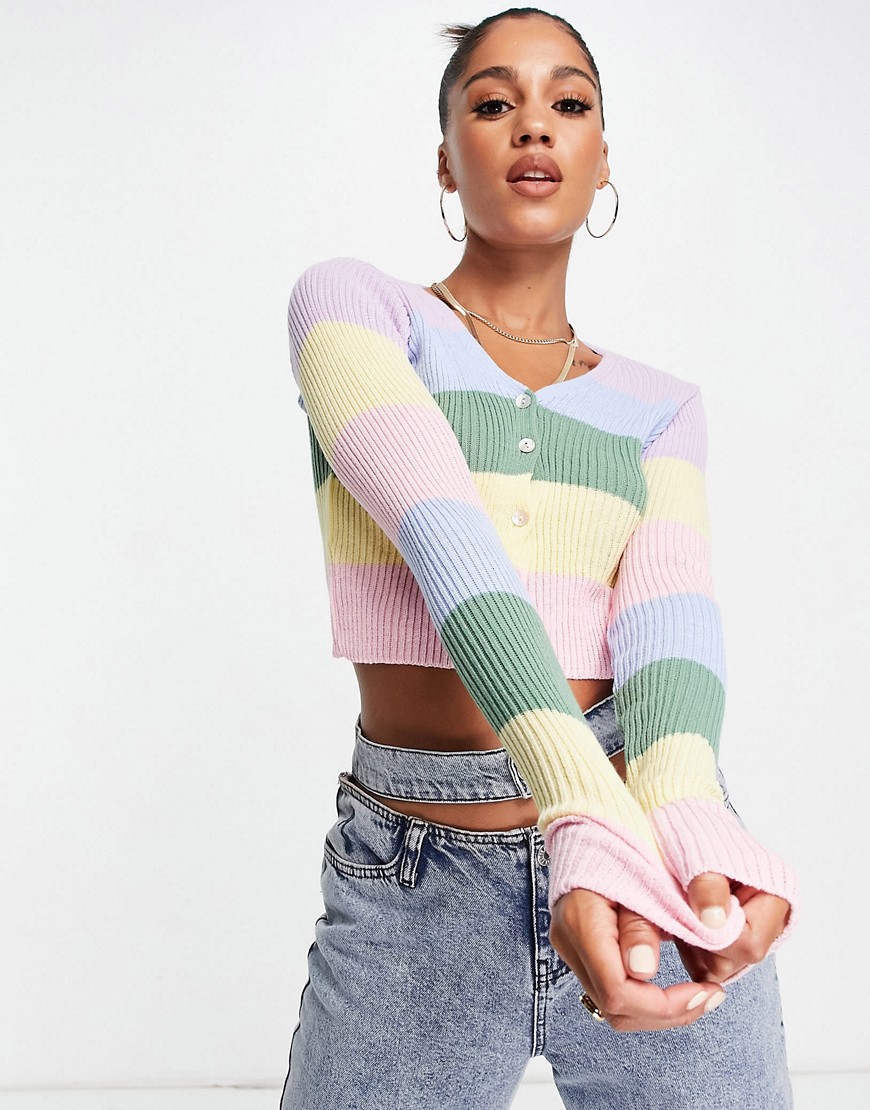 I Saw It First Knitted Cropped Stripe Cardigan In Multi
