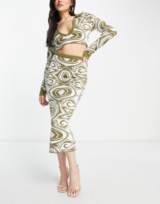 I Saw It First knitted midi skirt co-ord in abstract print