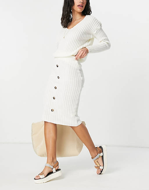 Women I Saw It First knitted top and button midi skirt co ord in cream 