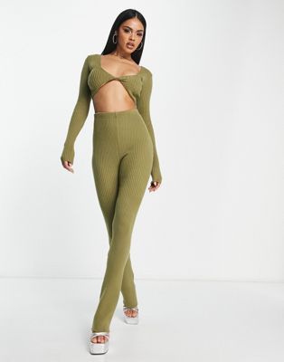 I Saw It First knitted twist front top co-ord in olive