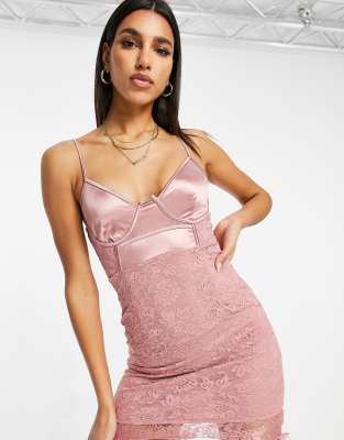 Dusty pink satin top hotsell bustier lace bodycon dress