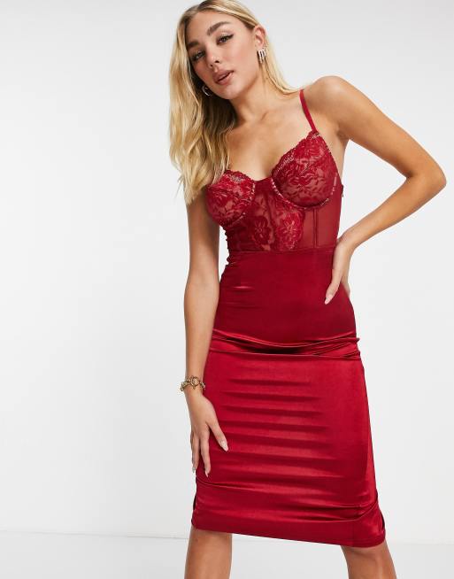 Red lace store bodycon midi dress