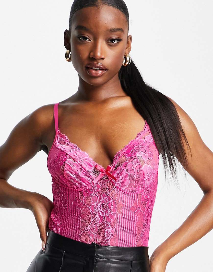 I Saw It First lace plunge bodysuit in hot pink