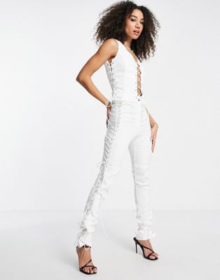 I Saw It First lace up straight leg trousers co-ord in white