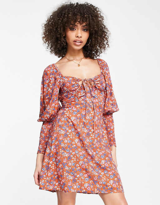 I Saw It First – Langärmliges Kleid mit Bindung vorne, in Orange mit Blumendruck