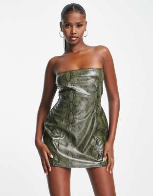 I Saw It First leather look bandeau mini dress in khaki snake