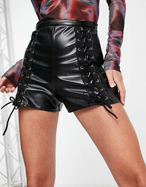 I Saw It First leather look lace up shorts in black