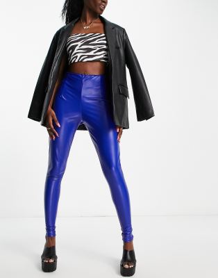 Boohoo Petite Super Stretch Waist Shaping Leather Look Leggings in Blue