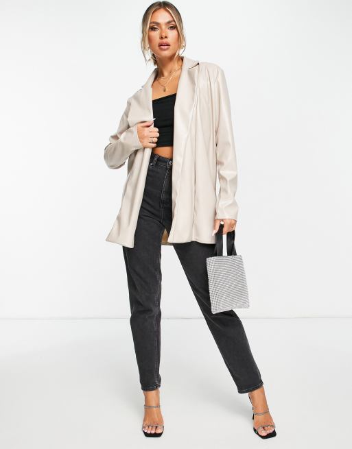 I Saw It First leather look longline blazer in stone