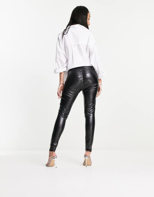 Womens Black Wet Look Ruched Bum High Waisted Leggings –