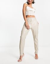 Topshop Petite faux leather high waisted peg trouser in taupe | ASOS