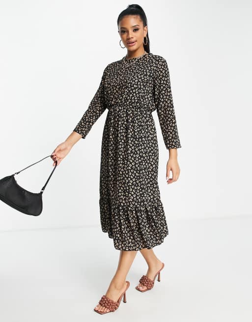 I Saw It First leopard print frill hem smock midi dress in black