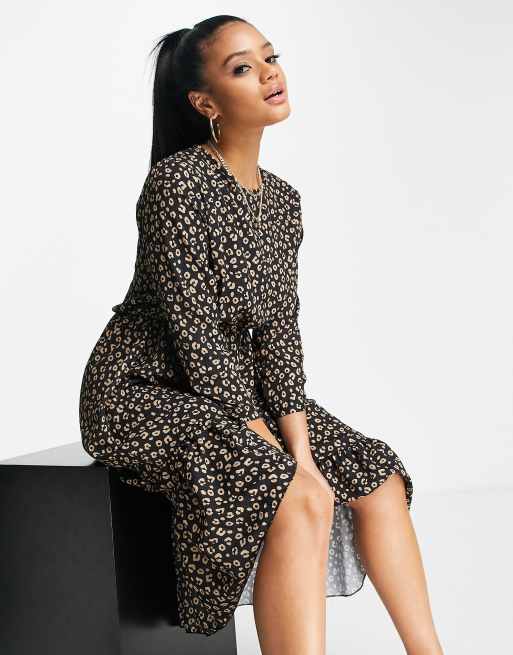 I Saw It First leopard print frill hem smock midi dress in black