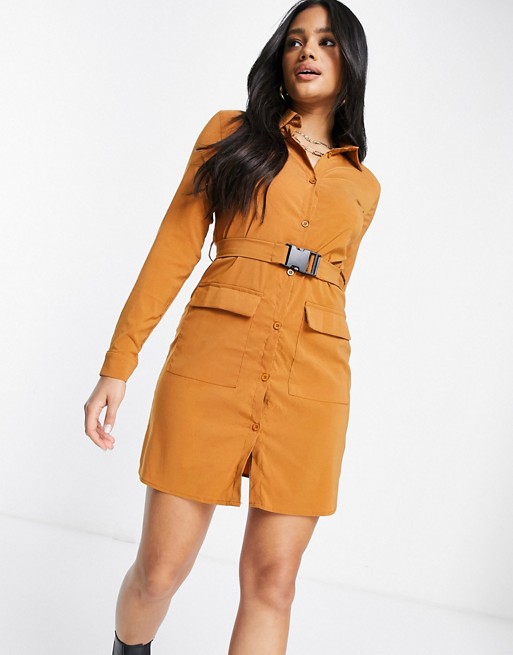 I Saw It First long sleeve belted utility dress in brown