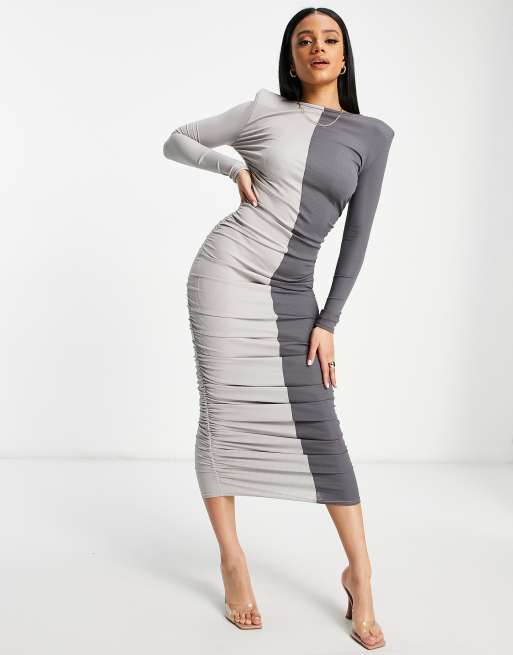 I Saw It First long sleeve midi dress with ruched side detail in contrast multi