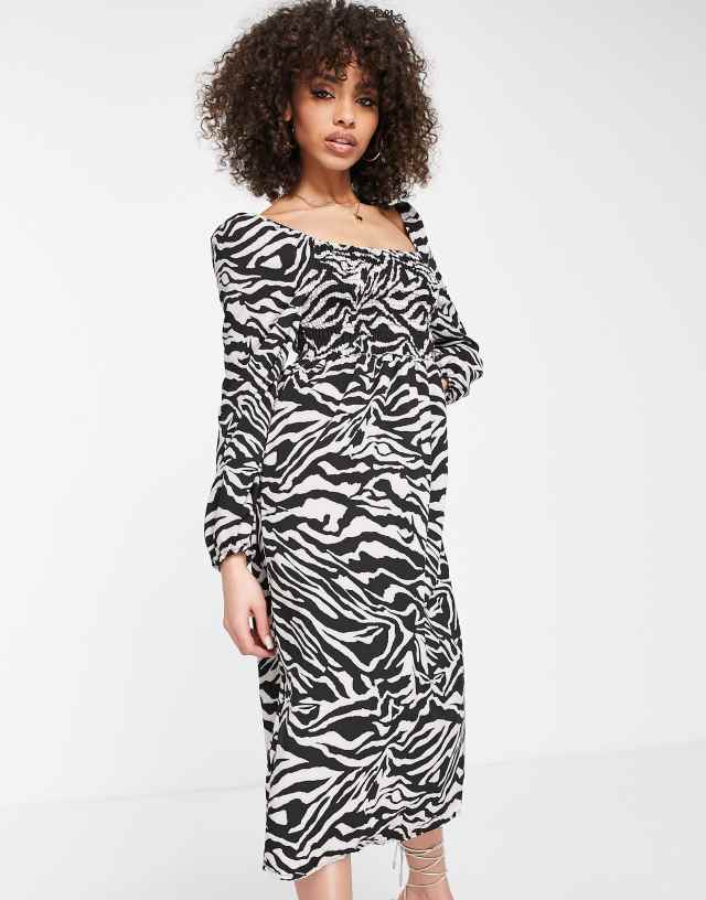 I Saw It First long sleeve ruched midi dress in zebra print