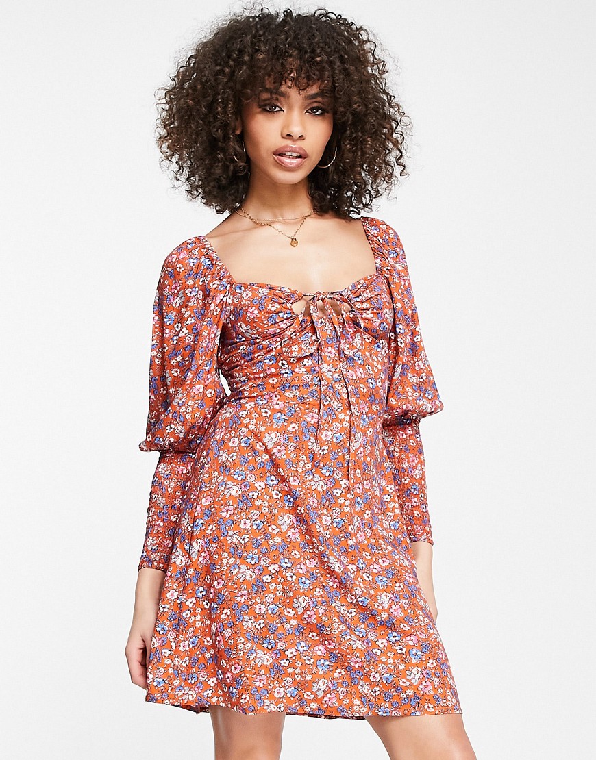 I Saw It First long sleeve tie front dress in orange floral print