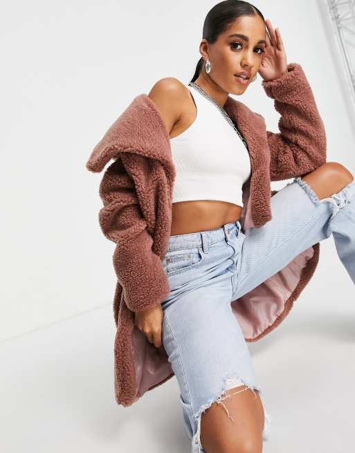 I Saw it First – Longline-Mantel aus Teddyfell in Rosé