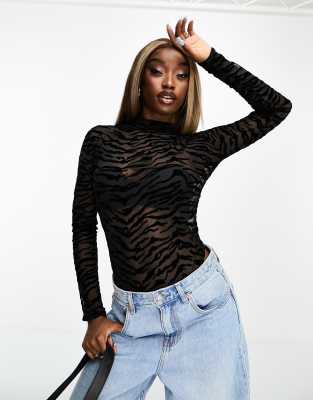 I Saw It First mesh flocked body in black zebra | ASOS