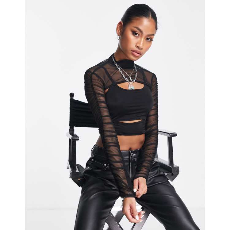 ASOS DESIGN Shirred Mesh Long Sleeve Crop Top In Black |  centenariocat.upeu.edu.pe