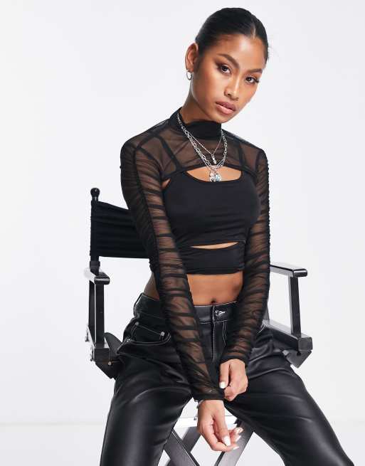 Black Mesh Overlay Long Sleeve Crop Top