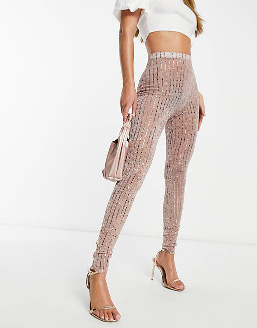 I Saw It First metallic foil mesh tapered leggings in rose gold