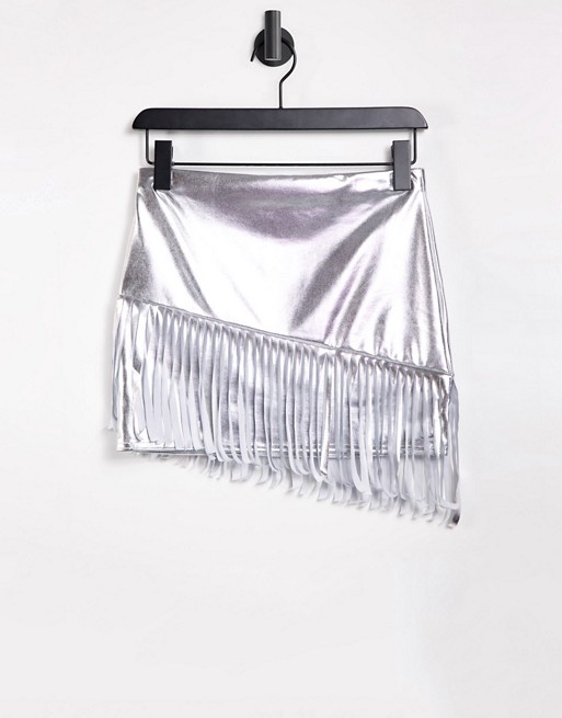 I Saw It First metallic fringe mini skirt in silver