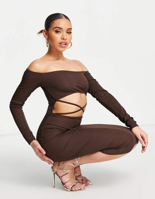 I Saw It First - Midi bardot-jurk met uitsnijding in chocoladebruin