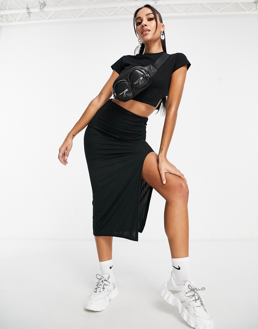 I Saw It First midi skirt with high thigh slit in black
