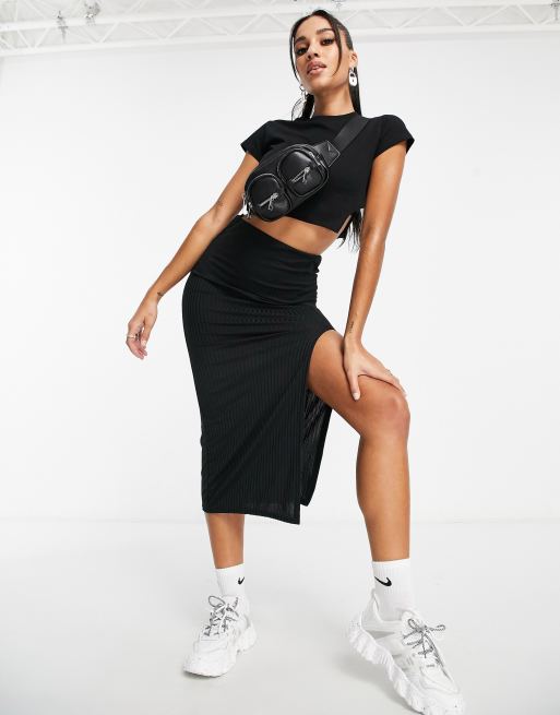 I Saw It First midi skirt with high thigh slit in black | ASOS