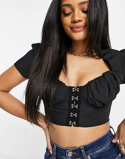 I Saw It First milkmaid eyelet crop top in black