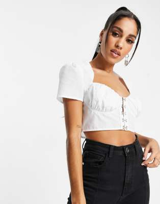 Women's Crop Top with Hook and Eye Closure - Puffy Sleeves / White