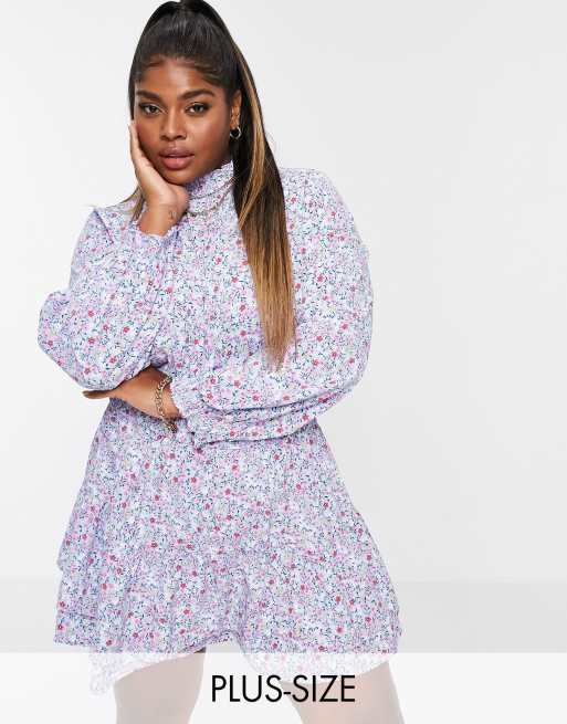 I Saw It First - Mini skaterjurk met lange mouwen en gesmokte taille in blauwe bloemenprint