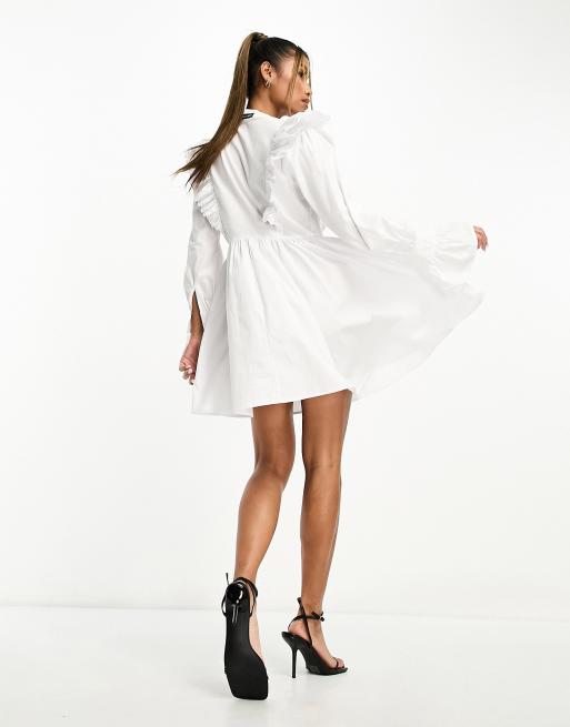 ASOS DESIGN pleated babydoll mini dress with oversized cutwork sleeve in  white