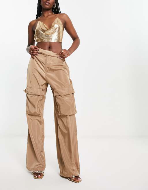 Wide Leg Cargo Trousers in Beige