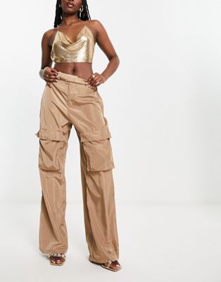 I Saw It First nylon wide leg cargo trousers in beige - ASOS Price Checker